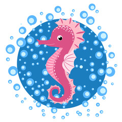 Seahorse, Scandinavian-style hippocampus, hand drawn, in water bulbs, pink and turquoise