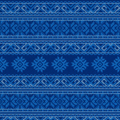 Embroidered good cross-stitch pattern for embroidery. Ukrainian ethnic ornament. ethnic handmade embroidery in blue color. 3D-rendering