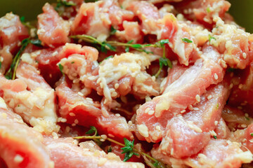 Asian Local Food and Thai Style Traditional Cuisine Raw Pork Marinated with Spices, Sesame and Herbs.