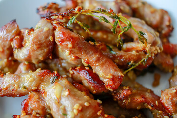 Asian Local Food and Thai Style Traditional Cuisine Grilled Pork with Herbs.