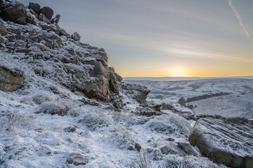 Winter sunrise cloud inversion, and snow at The Roaches, Staffordshire