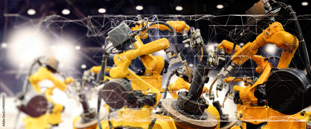 Poster Future factory concept with automation robot arms machine in intelligent factory industrial on real time monitoring system software.Digital future manufacture.