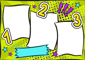 Bright background in popart style. Three comic white boxes for text. Numbering list 1, 2, 3. Frame template for instruction, to-do list, leaderboard, course of action. Vector illustration.