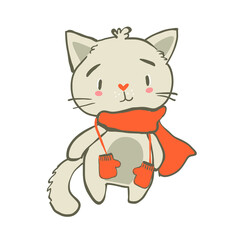 Cute cat in a red scarf and with mittens