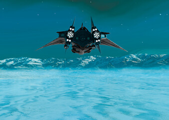 alien space ship is flying on ice planet