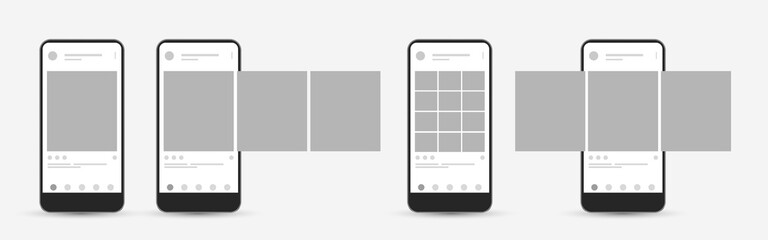 Smartphone mock up with carousel interface post on social network. Social media mobile app page template. Design of the tape profile. Vector illustration - obrazy, fototapety, plakaty