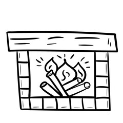 Fireplace with burning woods in the doodle style. Hand-drawn. Cozy home, Hygge, Slow living. Vector illustration isolated on a white background