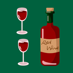 A bottle of red wine with a cork and wine glasses. Flat vector illustration on dark green background.
