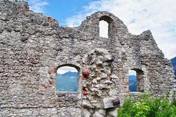 Ehrenberg Castle ruins (Burgruine Ehrenberg)in Reutte, Austria. A medieval castle, with defensive walls, tall towers and a lot of history. The gothic castle complex with windows to the sky. 