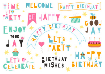 Set of lettering -  birthday quotes, phrases and words. Graphic design for packaging, posters, greeting cards, DIY. Vector illustration. Happy birthday.