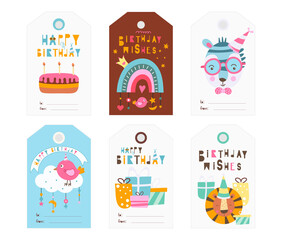 Birthday gift tags with hand drawn lettering, birthday elements and cute animals. Vector illustration. Hang tag is great for packaging gifts.