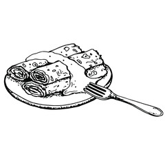 Crepes rolled in a plate with jam or with sour cream and a fork. Vector black and white illustration. Hand-drawn illustration. Doodle. Sketch. Isolated on a white background.