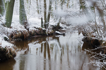 Mała rzeka w zimowej scenerii. © boguslavus