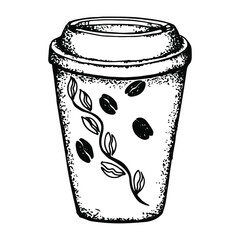 Disposable paper coffee cup.Cup to go. Vector black and white illustration. Hand-drawn illustration. Doodle. Sketch. Isolated on a white background. Packaging design, menu design.