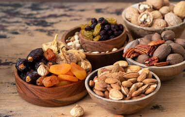 Mix from dried fruits and nuts . Healthy food. Symbols of judaic holiday Tu Bishvat	