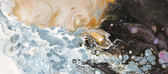Abstract flow acrylic and watercolor cell pour marble blot painting. Color wave horizontal texture background.