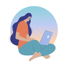 Young women are using their notebook computers for education, social media, online shopping, etc. Flat cartoon vector illustration.