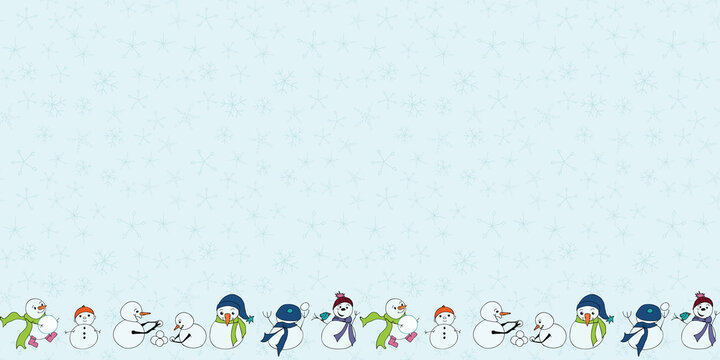 Snowman border with flakes colorful seamless vector border surface pattern design