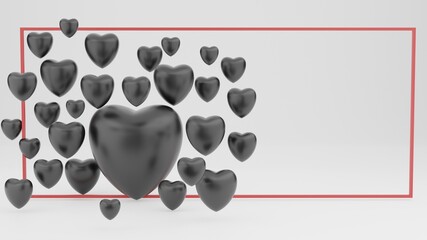 Happy valentines day black heart romantic White valentine background Floating hearts with happy greetings. 3D rendering