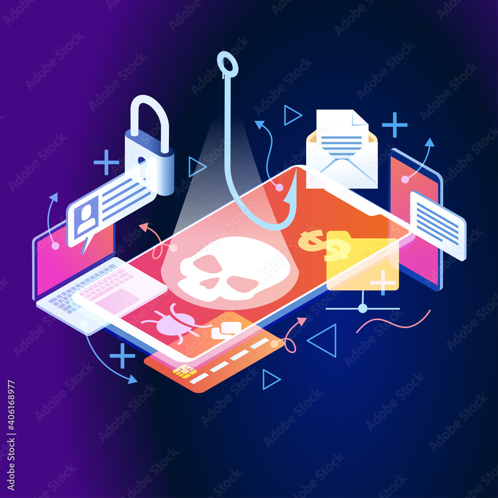 Poster hacker attack and web security vector concept, phishing scam. netwrok and internet security. anti vi