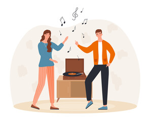 Male and female characters are dancing to the music together. Friends are listening to vinyl record and dancing to the beat of the music. Flat cartoon vector illustration
