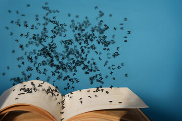 Letters of the alphabet in levitation in the air over the open book pages