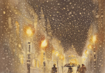 Winter illustration with houses on night sky with snow background