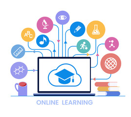 E-learning concept. Distance learning icon. Online training courses. Home leisure. Isolated vector element.
