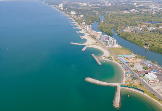 Aerial view 
Saeng Chan Beach of Rayong estuary consist of community located near mangroves and ocean