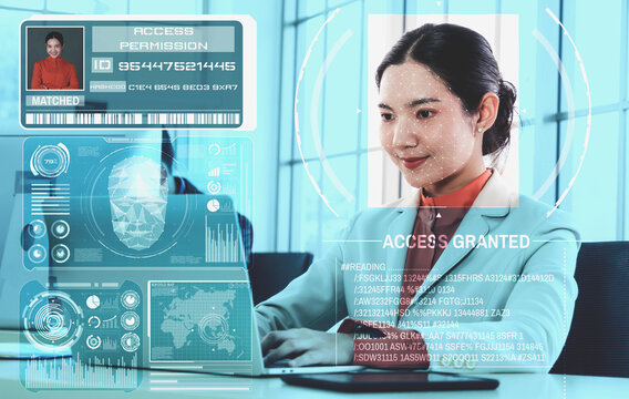 Facial recognition technology scan and detect people face for identification . Future concept interface showing digital biometric security system that analyze human face to verify personal data . - Powered by Adobe