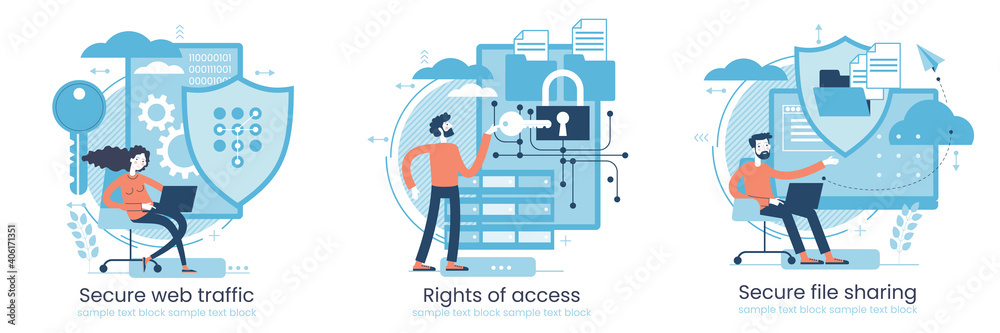 Poster secure data transmission concept. access right. safe file sharing. protected web traffic. vpn. analy