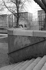 Entrance Stairs of Erasmuspark in Amsterdam with Sculpture of a Polar Bear in Black and White