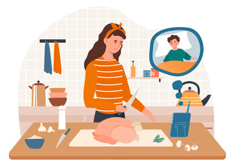 Female character is looking at screen video of her baby child sleeping while cooking chicken. Concept of two way communication of babysitter and kid using the device. Flat cartoon vector illustration