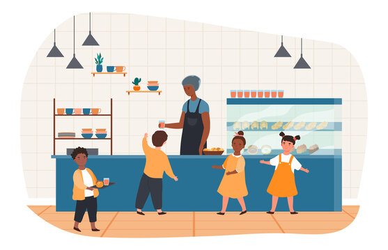 Little pupils queuing, carrying trays with lunch at school canteen. Interior of school cafeteria with children. Schoolchildren take drinks and meal at lunch. Flat cartoon vector illustration