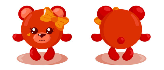 Funny cute kawaii bear girl with round body, hair bow and heart in flat design with shadows, front and back. Isolated animal vector illustration	