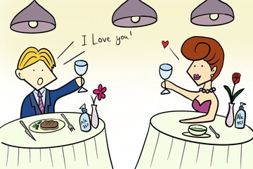 A lovely couple dating in the restaurant in a new normal concept, social distancing and no contact on Valentine's day during COVID-19 coronavirus outbreak spreading