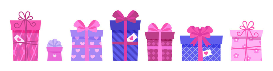 Valentine s Day gift boxes collection. Vector illustration in flat style.