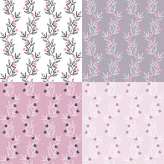 Seamless vector pattern with twigs and hearts on 4 background. Romantic doodle style ornament for wrapping paper, fabrics, design, printing and more.