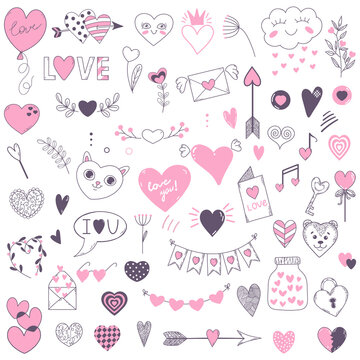 Set of vector illustrations with hearts for Valentine's Day. Romantic doodles in black and pink for sticker, design, cards and etc.