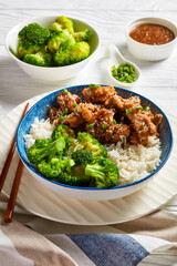 General Tso’s Chicken with rice in a bowl