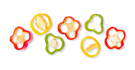 Isolated vegetables banner. Peppers bell with clipping path on white background with shadows. Flat lay. Full death of field.