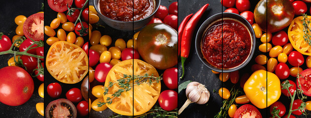 Collage of colorful tomatoes on black background. Healthy food concept