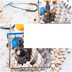Collage of pharmaceutical medicine pills and bottles