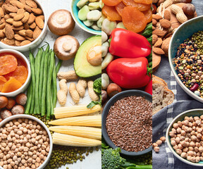 Collage of healthy food for vegans and vegetarian.