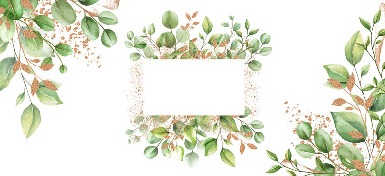 Set of watercolor floral frame, card with gold elements. Hand draw painted border with branches, leaves isolated on white background. Trendy template