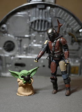The Mandalorian staged photo of toy character Din Djarin in the Disney Plus Star Wars  series . Hasbro the Black Series action figure.
