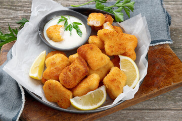 Fried crispy chicken nuggets with sauce on wooden board