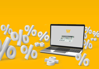 Percentage on the floor with laptop mockup as bankomat and polish money.