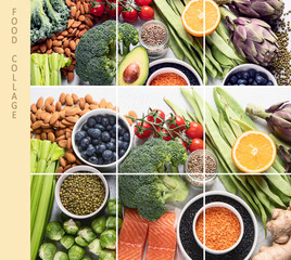 Collage of healthy diet background. Clean and detox eating.