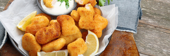 Fried crispy chicken nuggets with sauce on wooden board